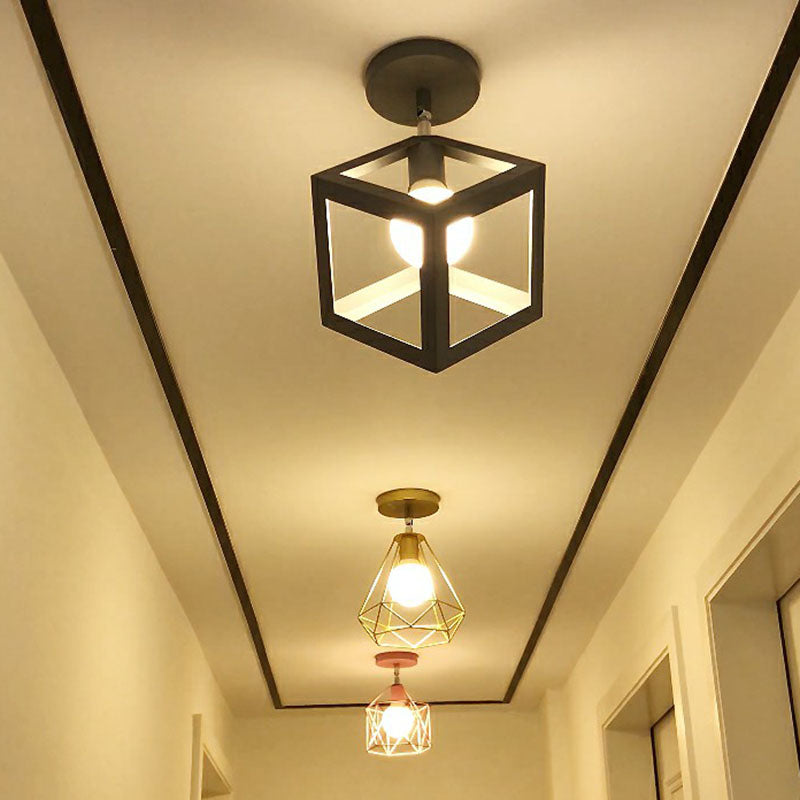 Retro Geometric Semi Flush Mount Lighting 1������Head Iron Flush Mount Fixture for Entryway Clearhalo 'Ceiling Lights' 'Close To Ceiling Lights' 'Close to ceiling' 'Semi-flushmount' Lighting' 2241396