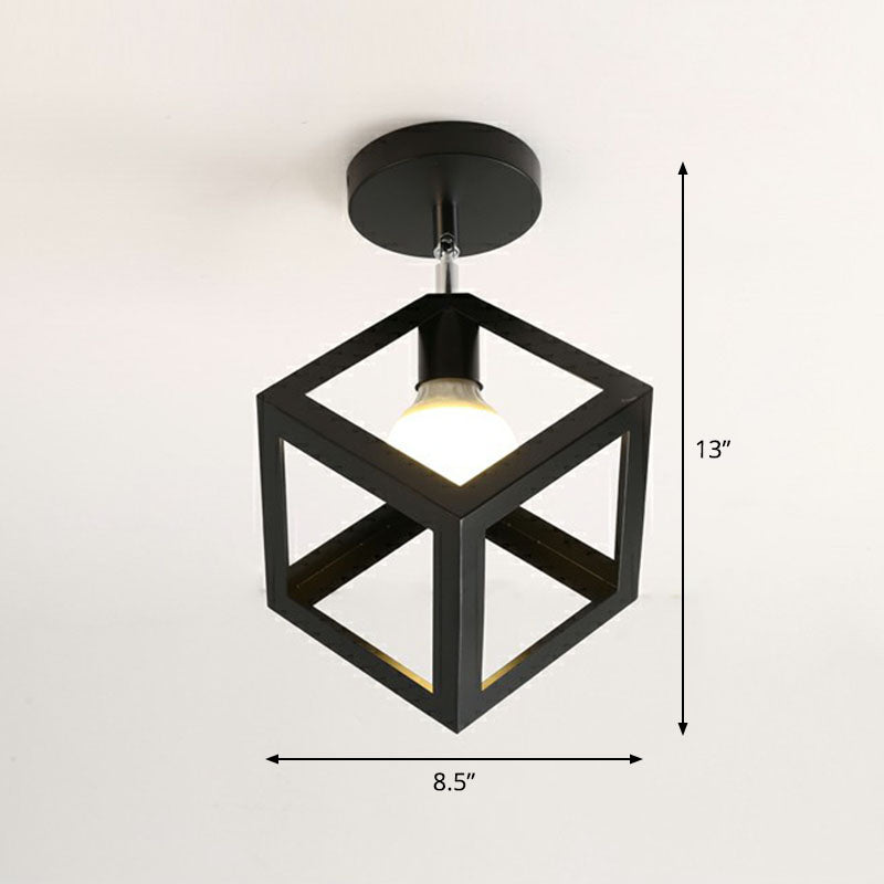 Retro Geometric Semi Flush Mount Lighting 1������Head Iron Flush Mount Fixture for Entryway Black Square Clearhalo 'Ceiling Lights' 'Close To Ceiling Lights' 'Close to ceiling' 'Semi-flushmount' Lighting' 2241399