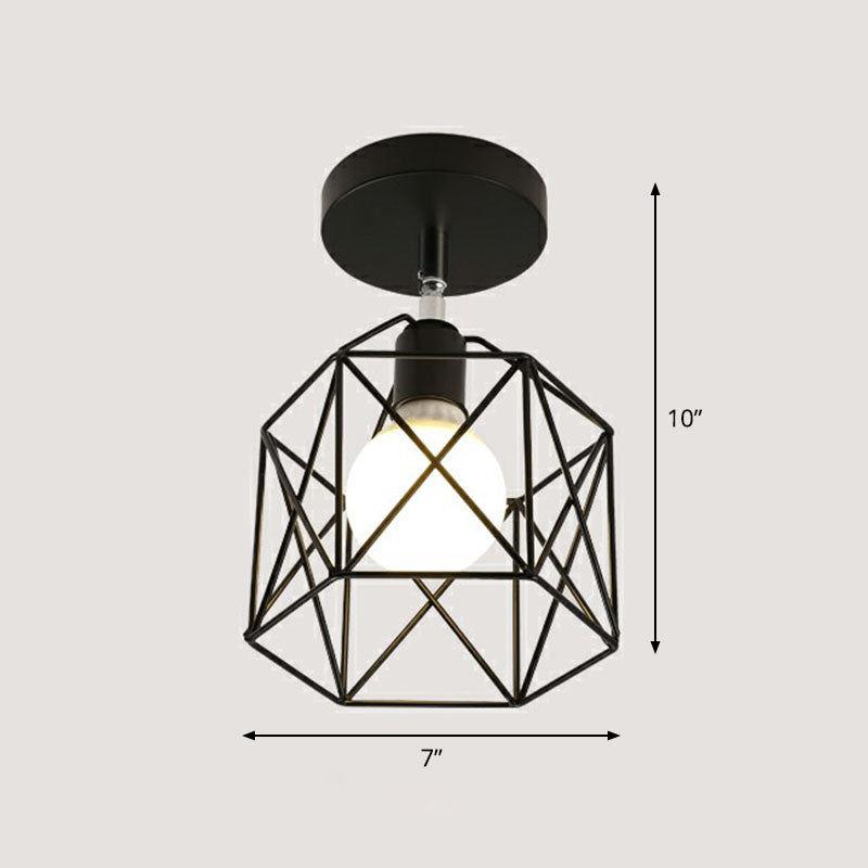 Retro Geometric Semi Flush Mount Lighting 1������Head Iron Flush Mount Fixture for Entryway Black Hexagon Clearhalo 'Ceiling Lights' 'Close To Ceiling Lights' 'Close to ceiling' 'Semi-flushmount' Lighting' 2241407
