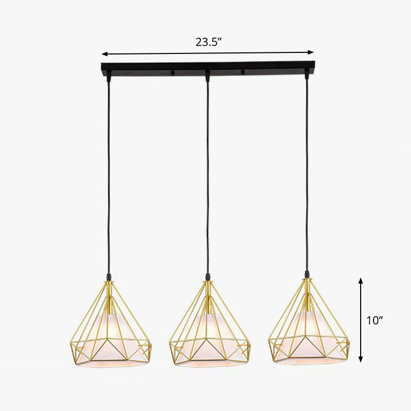 Industrial Diamond Cage Multi Light Pendant 3 Heads Iron Hanging Lighting for Dining Room Gold Linear Clearhalo 'Art Deco Pendants' 'Black' 'Cast Iron' 'Ceiling Lights' 'Ceramic' 'Crystal' 'Industrial Pendants' 'Industrial' 'Metal' 'Middle Century Pendants' 'Pendant Lights' 'Pendants' 'Rustic Pendants' 'Tiffany' Lighting' 2241457