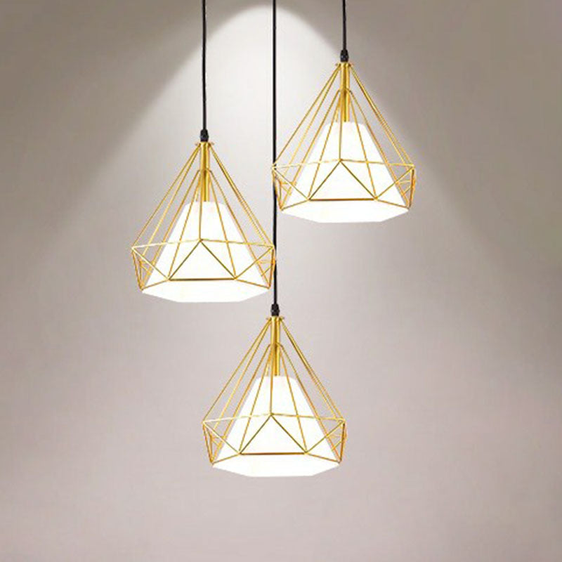 Industrial Diamond Cage Multi Light Pendant 3 Heads Iron Hanging Lighting for Dining Room Clearhalo 'Art Deco Pendants' 'Black' 'Cast Iron' 'Ceiling Lights' 'Ceramic' 'Crystal' 'Industrial Pendants' 'Industrial' 'Metal' 'Middle Century Pendants' 'Pendant Lights' 'Pendants' 'Rustic Pendants' 'Tiffany' Lighting' 2241458