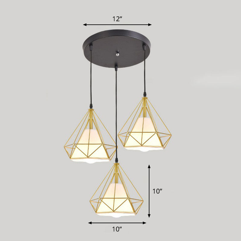 3 Bulbs Multi Ceiling Light Simplicity Diamond Frame Iron Suspension Lighting for Restaurant Gold Round Clearhalo 'Art Deco Pendants' 'Black' 'Cast Iron' 'Ceiling Lights' 'Ceramic' 'Crystal' 'Industrial Pendants' 'Industrial' 'Metal' 'Middle Century Pendants' 'Pendant Lights' 'Pendants' 'Rustic Pendants' 'Tiffany' Lighting' 2241477