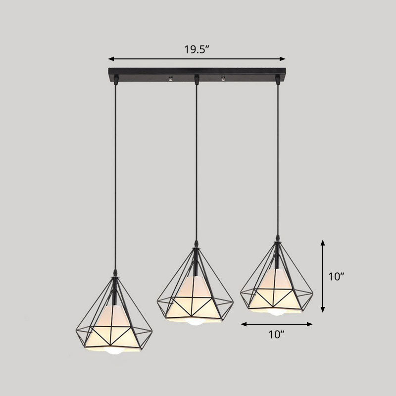 3 Bulbs Multi Ceiling Light Simplicity Diamond Frame Iron Suspension Lighting for Restaurant Black Linear Clearhalo 'Art Deco Pendants' 'Black' 'Cast Iron' 'Ceiling Lights' 'Ceramic' 'Crystal' 'Industrial Pendants' 'Industrial' 'Metal' 'Middle Century Pendants' 'Pendant Lights' 'Pendants' 'Rustic Pendants' 'Tiffany' Lighting' 2241478