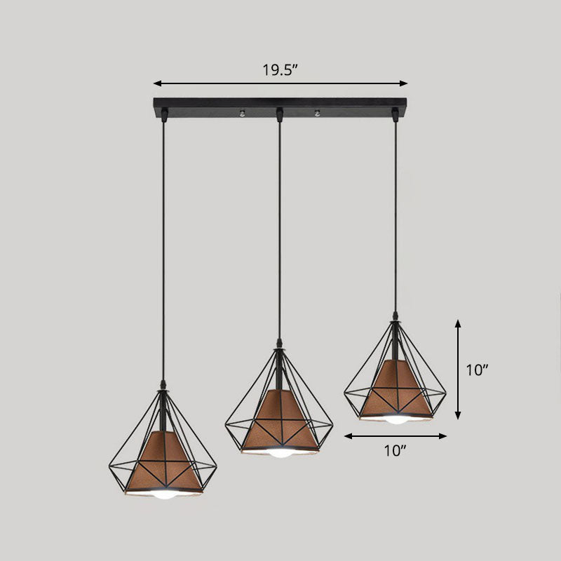 3 Bulbs Multi Ceiling Light Simplicity Diamond Frame Iron Suspension Lighting for Restaurant Coffee Linear Clearhalo 'Art Deco Pendants' 'Black' 'Cast Iron' 'Ceiling Lights' 'Ceramic' 'Crystal' 'Industrial Pendants' 'Industrial' 'Metal' 'Middle Century Pendants' 'Pendant Lights' 'Pendants' 'Rustic Pendants' 'Tiffany' Lighting' 2241480