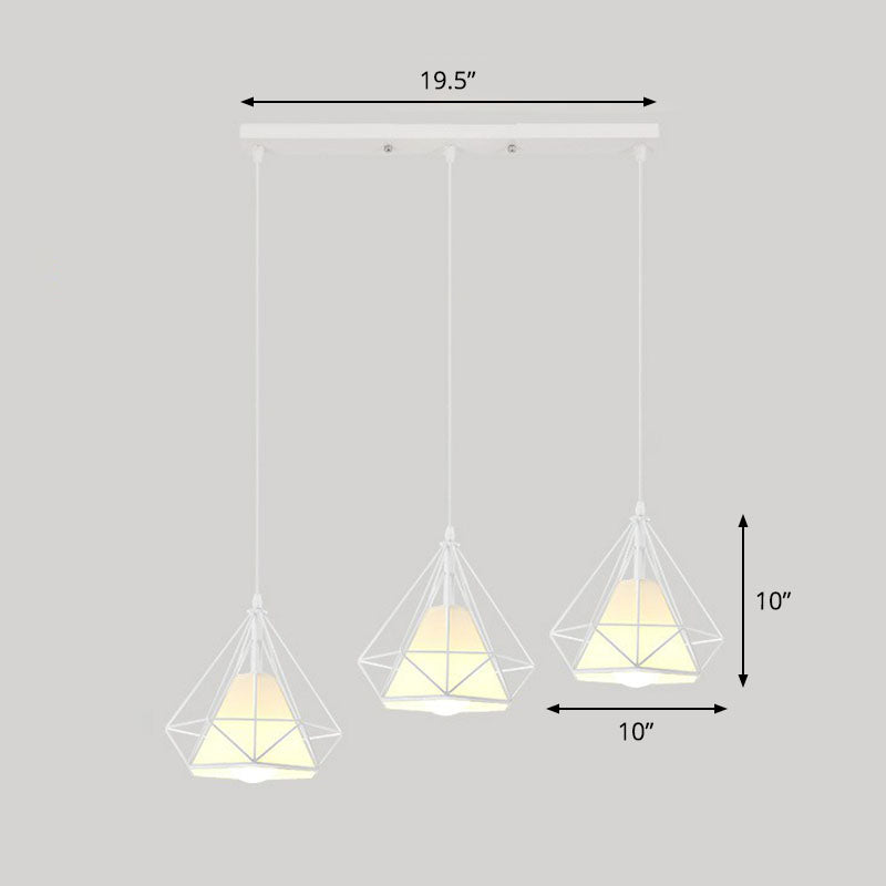 3 Bulbs Multi Ceiling Light Simplicity Diamond Frame Iron Suspension Lighting for Restaurant White Linear Clearhalo 'Art Deco Pendants' 'Black' 'Cast Iron' 'Ceiling Lights' 'Ceramic' 'Crystal' 'Industrial Pendants' 'Industrial' 'Metal' 'Middle Century Pendants' 'Pendant Lights' 'Pendants' 'Rustic Pendants' 'Tiffany' Lighting' 2241482
