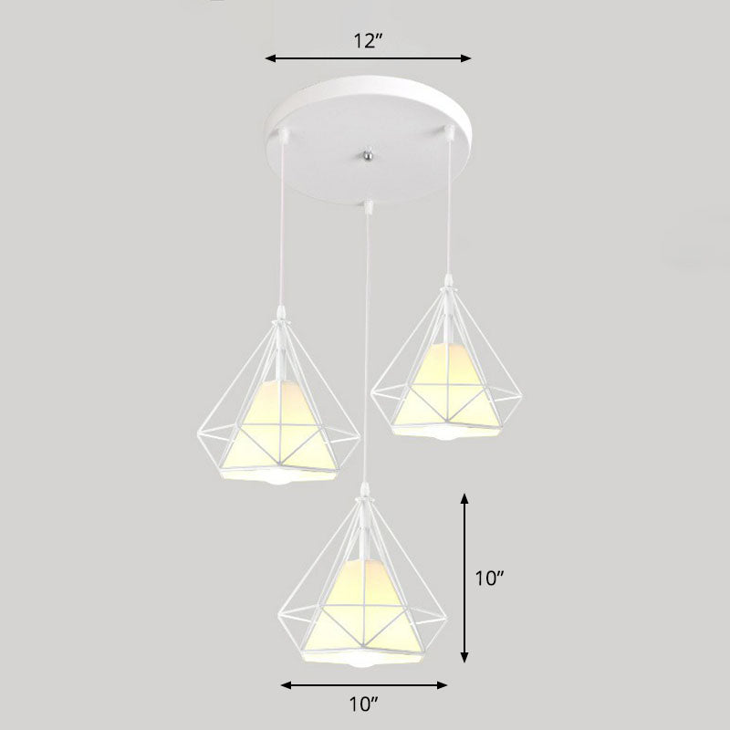 3 Bulbs Multi Ceiling Light Simplicity Diamond Frame Iron Suspension Lighting for Restaurant White Round Clearhalo 'Art Deco Pendants' 'Black' 'Cast Iron' 'Ceiling Lights' 'Ceramic' 'Crystal' 'Industrial Pendants' 'Industrial' 'Metal' 'Middle Century Pendants' 'Pendant Lights' 'Pendants' 'Rustic Pendants' 'Tiffany' Lighting' 2241483
