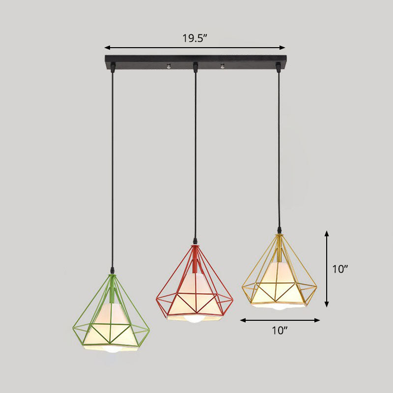 3 Bulbs Multi Ceiling Light Simplicity Diamond Frame Iron Suspension Lighting for Restaurant Red Linear Clearhalo 'Art Deco Pendants' 'Black' 'Cast Iron' 'Ceiling Lights' 'Ceramic' 'Crystal' 'Industrial Pendants' 'Industrial' 'Metal' 'Middle Century Pendants' 'Pendant Lights' 'Pendants' 'Rustic Pendants' 'Tiffany' Lighting' 2241484