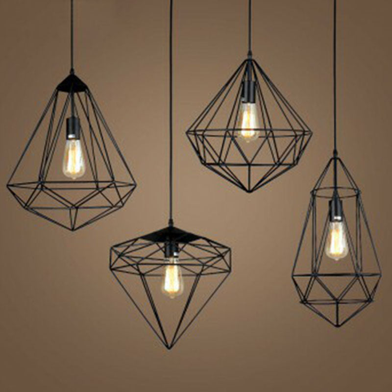 Iron Gemstone Frame Suspension Lighting Retro Style 1��Head Restaurant Pendant Ceiling Light in Black Clearhalo 'Ceiling Lights' 'Industrial Pendants' 'Industrial' 'Middle Century Pendants' 'Pendant Lights' 'Pendants' 'Tiffany' Lighting' 2241540