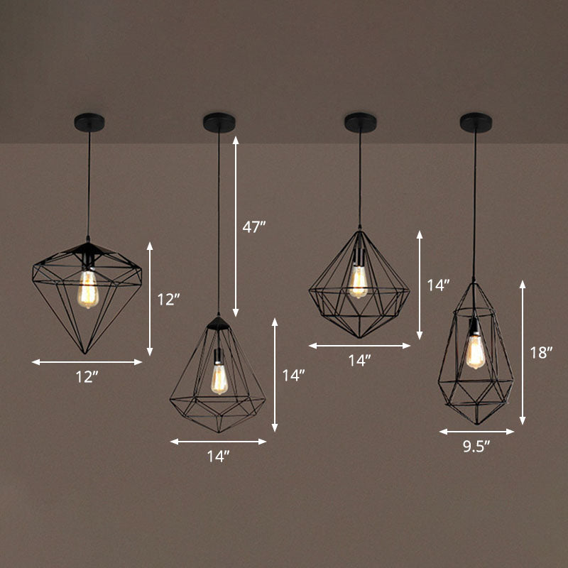 Iron Gemstone Frame Suspension Lighting Retro Style 1 Head Restaurant Pendant Ceiling Light in Black Clearhalo 'Art Deco Pendants' 'Black' 'Cast Iron' 'Ceiling Lights' 'Ceramic' 'Crystal' 'Industrial' 'Metal' 'Pendant Lights' 'Rustic Pendants' 'Tiffany' Lighting' 2241541_dcc0bfa2-ef26-4564-b015-169236c26135