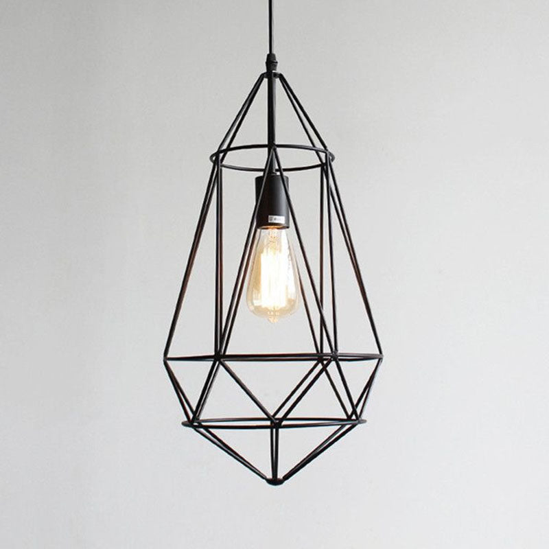 Iron Gemstone Frame Suspension Lighting Retro Style 1��Head Restaurant Pendant Ceiling Light in Black Black D Clearhalo 'Ceiling Lights' 'Industrial Pendants' 'Industrial' 'Middle Century Pendants' 'Pendant Lights' 'Pendants' 'Tiffany' Lighting' 2241545_4a1c3cd9-c2aa-4a86-bef8-f3d26e1ff824