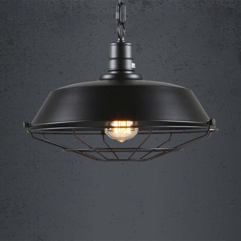 Industrial Hanging Lamp Vintage Pot Lid Iron Lighting Pendant with Cage Bottom in Black Clearhalo 'Art Deco Pendants' 'Black' 'Cast Iron' 'Ceiling Lights' 'Ceramic' 'Crystal' 'Industrial Pendants' 'Industrial' 'Metal' 'Middle Century Pendants' 'Pendant Lights' 'Pendants' 'Rustic Pendants' 'Tiffany' Lighting' 2241549
