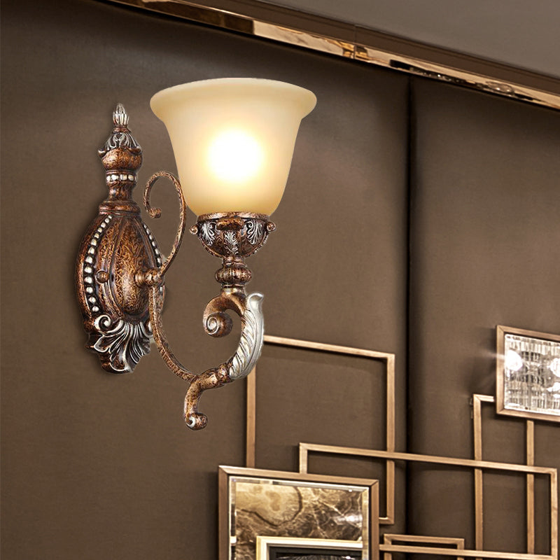 Retro Flared Sconce Light Fixture 1-Light Frosted Glass Wall Mounted Light with Metal Carved Arm in Rust Rust Clearhalo 'Wall Lamps & Sconces' 'Wall Lights' Lighting' 224314