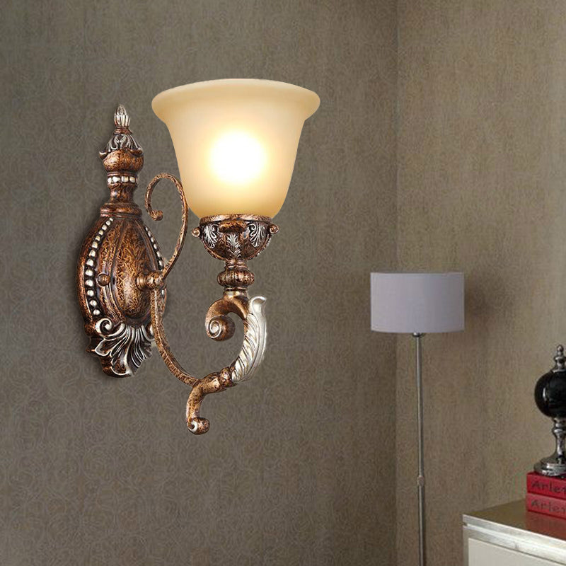 Retro Flared Sconce Light Fixture 1-Light Frosted Glass Wall Mounted Light with Metal Carved Arm in Rust Clearhalo 'Wall Lamps & Sconces' 'Wall Lights' Lighting' 224315