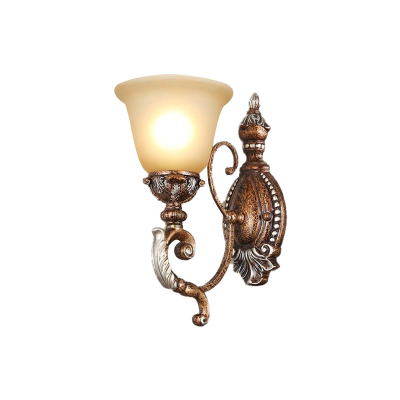 Retro Flared Sconce Light Fixture 1-Light Frosted Glass Wall Mounted Light with Metal Carved Arm in Rust Clearhalo 'Wall Lamps & Sconces' 'Wall Lights' Lighting' 224316