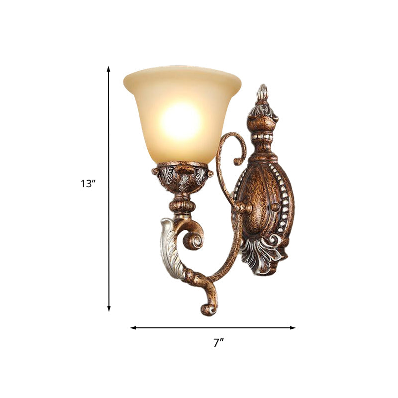 Retro Flared Sconce Light Fixture 1-Light Frosted Glass Wall Mounted Light with Metal Carved Arm in Rust Clearhalo 'Wall Lamps & Sconces' 'Wall Lights' Lighting' 224317