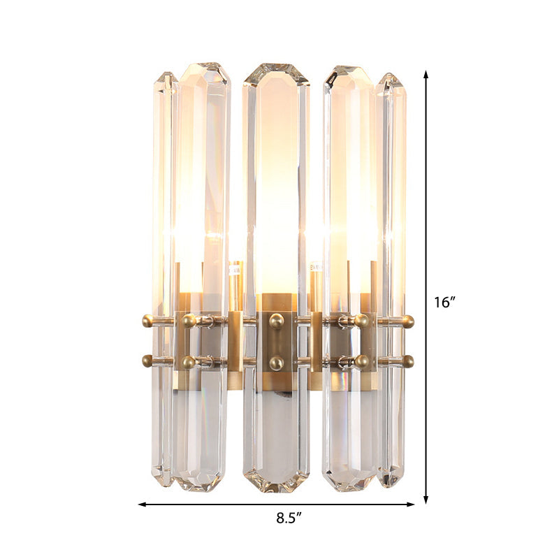 Cylinder Wall Lighting Modern Style Metal 2 Bulbs Golden Sconce Light with Clear Crystal Prism for Living Room Clearhalo 'Modern wall lights' 'Modern' 'Wall Lamps & Sconces' 'Wall Lights' Lighting' 224436