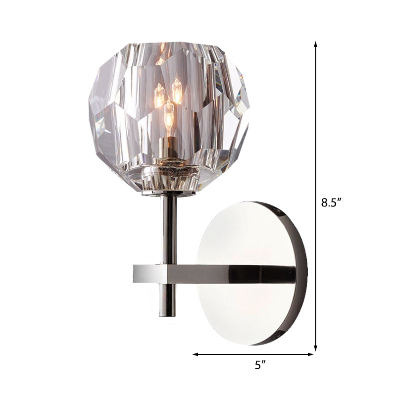 Clear Crystal Faceted Wall Mount Lighting Modern Style 1 Bulb Chrome Wall Lamp with Global Shade Clearhalo 'Modern wall lights' 'Modern' 'Wall Lamps & Sconces' 'Wall Lights' Lighting' 224460