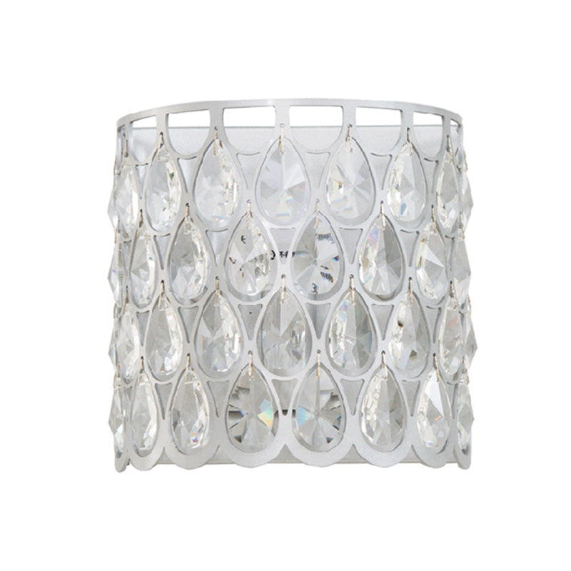 Silver/Brass Half-Cylinder Wall Light Sconce Minimalism 1 Light Metal Wall Lamp with Clear Crystal Teardrop Shape Clearhalo 'Cast Iron' 'Glass' 'Industrial' 'Modern wall lights' 'Modern' 'Tiffany' 'Traditional wall lights' 'Wall Lamps & Sconces' 'Wall Lights' Lighting' 224504