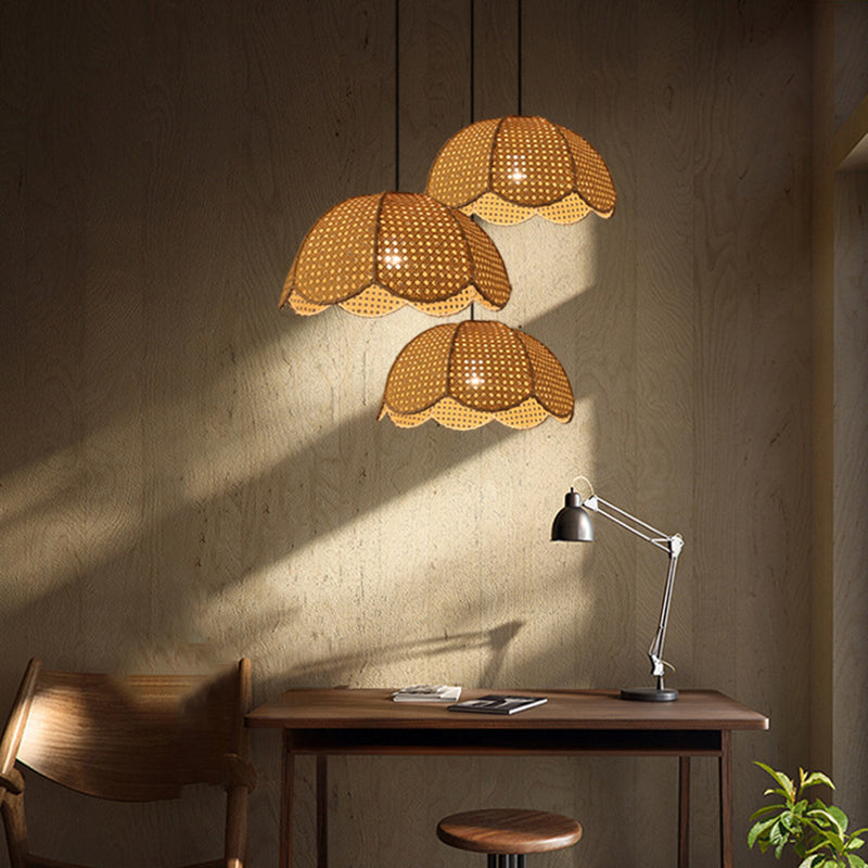 Rattan Scalloped Dome Suspension Light Simplicity 1-Light Wood Pendant Light Fixture Wood Clearhalo 'Ceiling Lights' 'Pendant Lights' 'Pendants' Lighting' 2245730_b62a177a-f58b-4b93-a893-9f279b672004