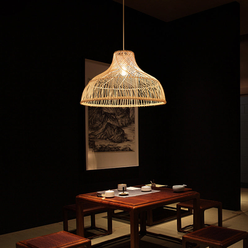Hat Shape Pendant Light Contemporary Rattan Single-Bulb Tea Room Suspension Light in Wood Clearhalo 'Ceiling Lights' 'Pendant Lights' 'Pendants' Lighting' 2245896