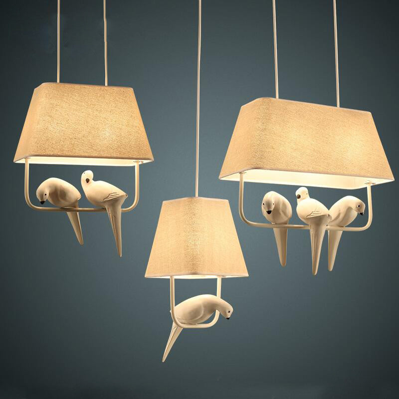 Trapezoid Fabric Pendant Light Traditional Dining Room Suspension Light Fixture with Resin Bird in Beige Clearhalo 'Ceiling Lights' 'Pendant Lights' 'Pendants' Lighting' 2246209