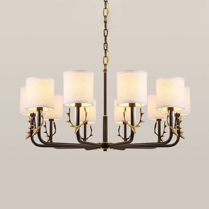 Cylindrical Fabric Chandelier Pendant Light Vintage Living Room Hanging Light with Deer Accent Clearhalo 'Ceiling Lights' 'Chandeliers' Lighting' options 2246269