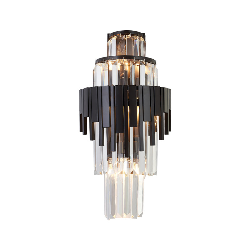 Tiered Sconce Lighting Fixture Modern Style Clear Crystal and Metal 3 Heads Black Wall Lamp, 14"/19.5" Height Clearhalo 'Modern wall lights' 'Modern' 'Wall Lamps & Sconces' 'Wall Lights' Lighting' 224638