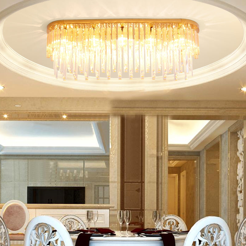 10 Lights Golden Icicle Crystal Flush Mount Lamp Contemporary Dining Room Ceiling Mounted Light, 23.5"/31.5" W Gold Clearhalo 'Ceiling Lights' 'Close To Ceiling Lights' 'Close to ceiling' 'Flush mount' Lighting' 224645