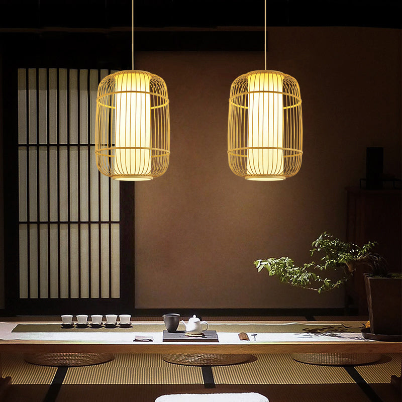 Birdcage Suspension Lighting Minimalist Bamboo 1 Head Restaurant Pendant Ceiling Light in Wood Clearhalo 'Ceiling Lights' 'Lighting' 'Pendant Lights' 2246691_984a8284-7b09-40a1-99f4-a1ec66843763
