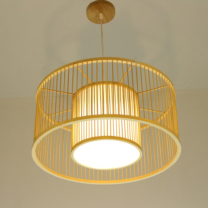 Minimalist Drum Suspension Lighting Bamboo 1 Head Restaurant Pendant Ceiling Light in Wood Clearhalo 'Ceiling Lights' 'Lighting' 'Pendant Lights' 2246799_b7b3bc3c-8d6e-42f3-9bc9-6a1d794a4054