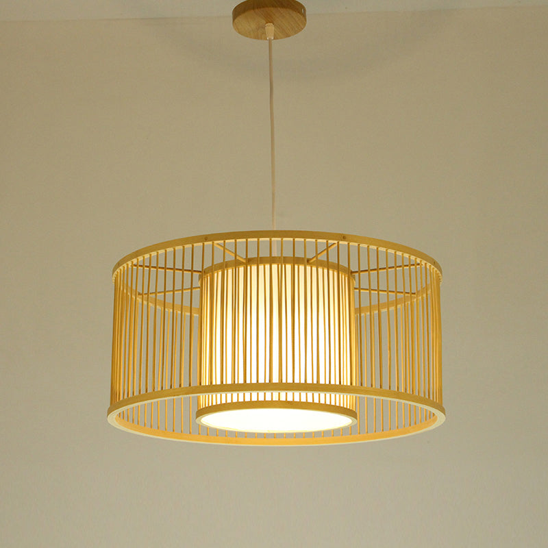 Minimalist Drum Suspension Lighting Bamboo 1������Head Restaurant Pendant Ceiling Light in Wood Clearhalo 'Ceiling Lights' 'Pendant Lights' 'Pendants' Lighting' 2246801