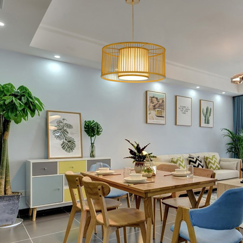 Minimalist Drum Suspension Lighting Bamboo 1 Head Restaurant Pendant Ceiling Light in Wood Clearhalo 'Ceiling Lights' 'Lighting' 'Pendant Lights' 2246802_7734b432-da29-4b55-a173-bc9e1f900e13