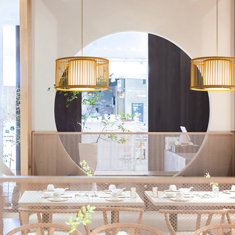 Minimalist Drum Suspension Lighting Bamboo 1 Head Restaurant Pendant Ceiling Light in Wood Clearhalo 'Ceiling Lights' 'Lighting' 'Pendant Lights' 2246803_fdd45278-f4af-49b5-b33e-442fda5abec2