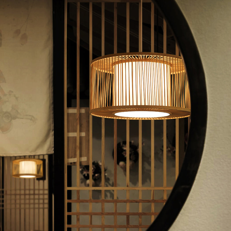 Rounded Drum Ceiling Light Modern Bamboo Single Restaurant Hanging Pendant Light in Wood Clearhalo 'Ceiling Lights' 'Pendant Lights' 'Pendants' Lighting' 2246805