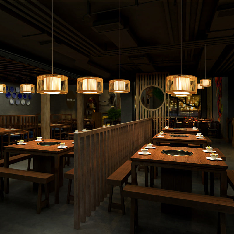 Rounded Drum Ceiling Light Modern Bamboo Single Restaurant Hanging Pendant Light in Wood Clearhalo 'Ceiling Lights' 'Pendant Lights' 'Pendants' Lighting' 2246807