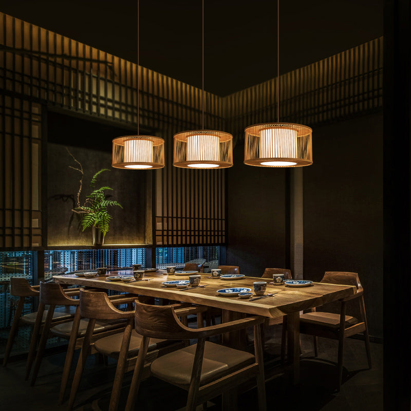 Rounded Drum Ceiling Light Modern Bamboo Single Restaurant Hanging Pendant Light in Wood Clearhalo 'Ceiling Lights' 'Pendant Lights' 'Pendants' Lighting' 2246808