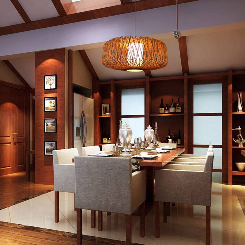 Drum Tea Room Pendant Light Bamboo Single-Bulb Contemporary Suspension Light Fixture Wood Clearhalo 'Ceiling Lights' 'Pendant Lights' 'Pendants' Lighting' 2246814_379c233d-06fa-4541-ba4f-64f4e1cc40c5