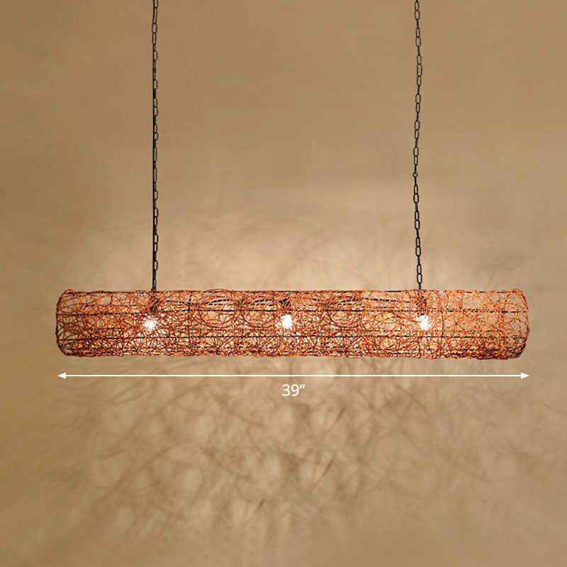 Cylinder Island Pendant Light South-east Asia Rattan 3 Bulbs Tea Room Ceiling Light Brown Clearhalo 'Ceiling Lights' 'Island Lights' Lighting' 2247081