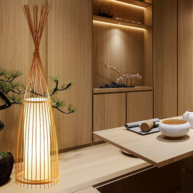 Southeast Asia Conical Stand Up Lamp Bamboo Single Living Room Floor Lighting with Cylinder Diffuser Clearhalo 'Floor Lamps' 'Lamps' Lighting' 2247122