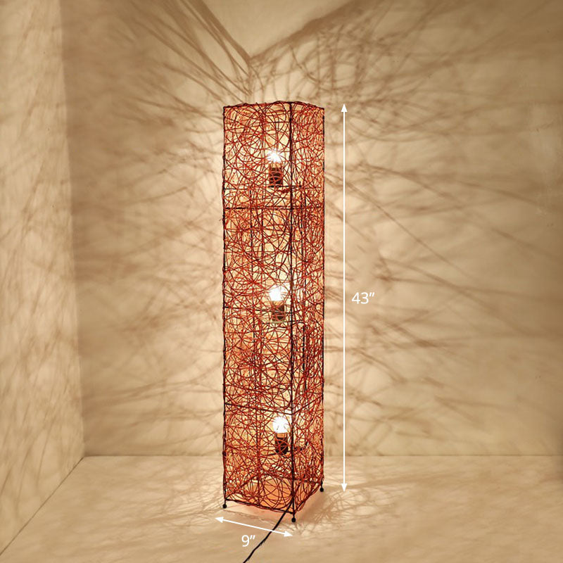 Handcrafted Shade Floor Lighting Asian Style Rattan 3 Heads Tea Room Standing Lamp Brown Square Plate Clearhalo 'Floor Lamps' 'Lamps' Lighting' 2247170