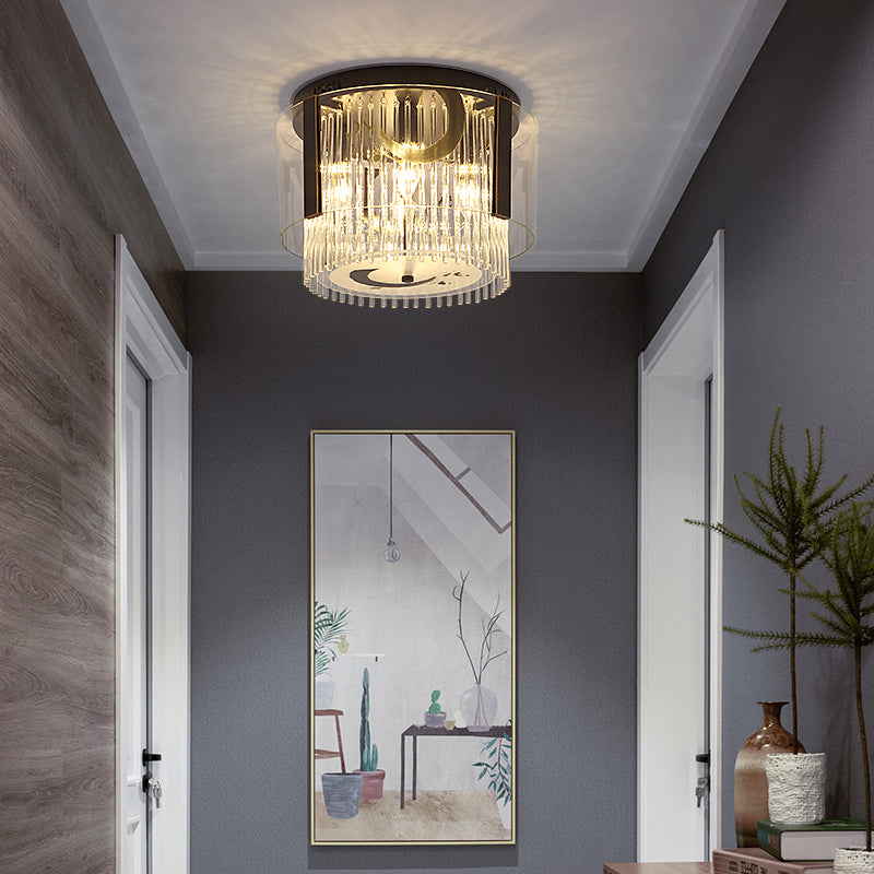 Chinese Style Double Tier Flush Lamp Clear Glass 4/5/6-Light Dining Room Ceiling Mounted Light, 16"/19.5"/23.5" Wide Black 16" Clearhalo 'Ceiling Lights' 'Close To Ceiling Lights' 'Close to ceiling' 'Flush mount' Lighting' 224731