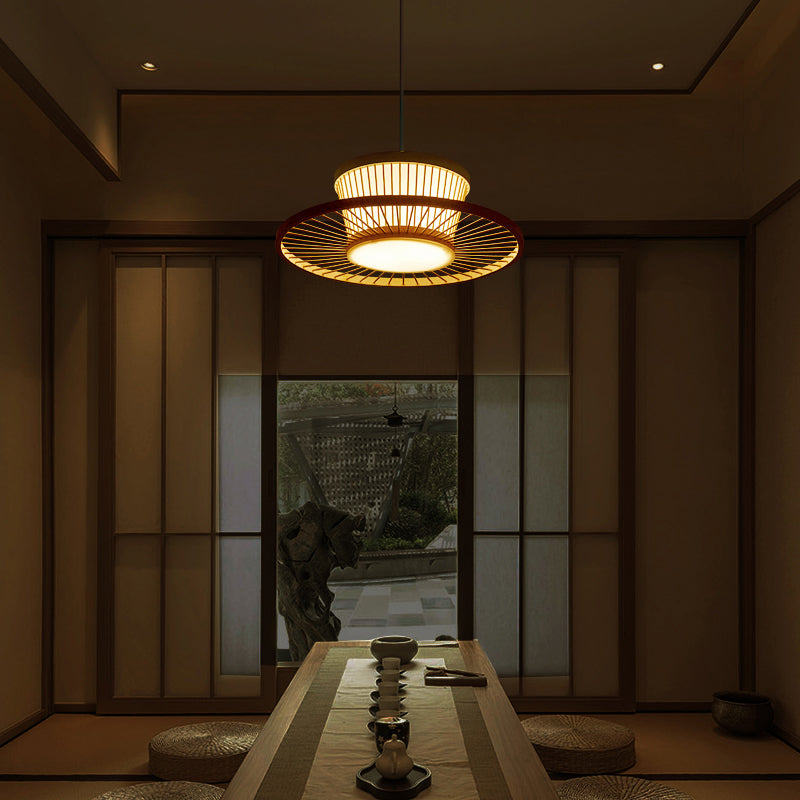Circle Ceiling Light Asian Style Bamboo 1������Bulb Wood Hanging Lighting for Tea Room Clearhalo 'Ceiling Lights' 'Pendant Lights' 'Pendants' Lighting' 2247919