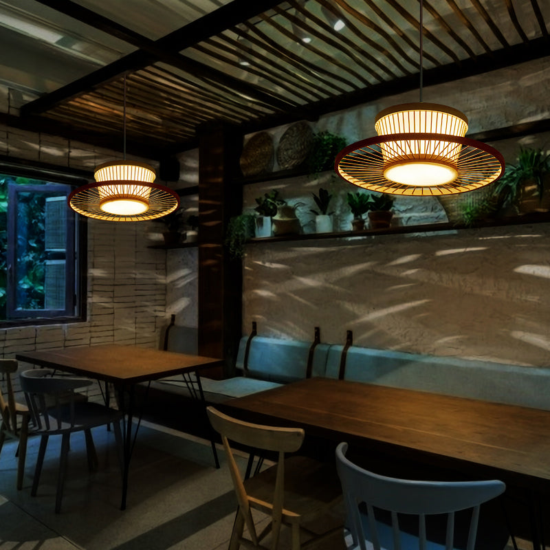 Circle Ceiling Light Asian Style Bamboo 1������Bulb Wood Hanging Lighting for Tea Room Clearhalo 'Ceiling Lights' 'Pendant Lights' 'Pendants' Lighting' 2247922
