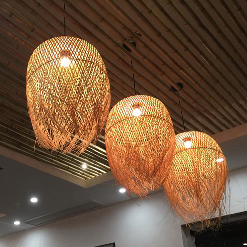 Bamboo Fringed Bell Ceiling Light Asian Style 1������Bulb Wood Hanging Lighting Fixture Clearhalo 'Ceiling Lights' 'Pendant Lights' 'Pendants' Lighting' 2247961