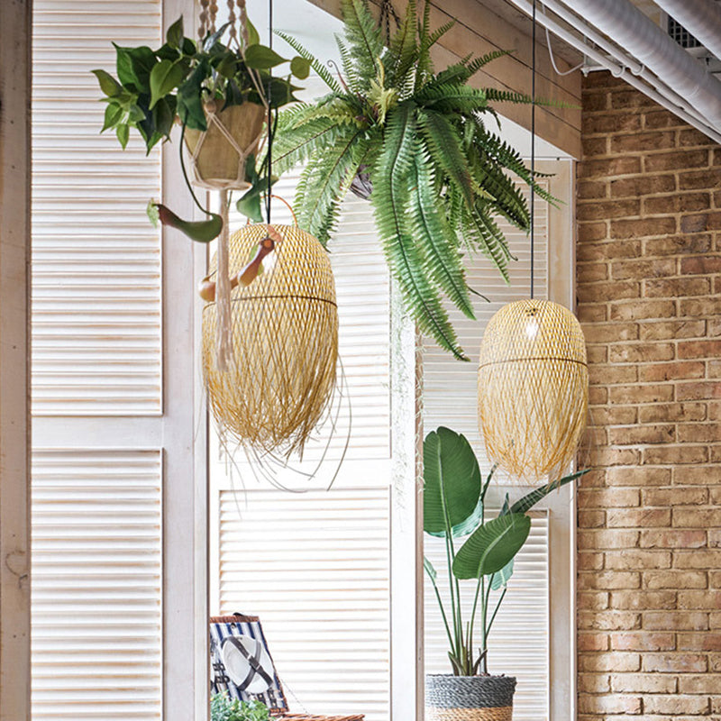 Bamboo Fringed Bell Ceiling Light Asian Style 1������Bulb Wood Hanging Lighting Fixture Clearhalo 'Ceiling Lights' 'Pendant Lights' 'Pendants' Lighting' 2247962