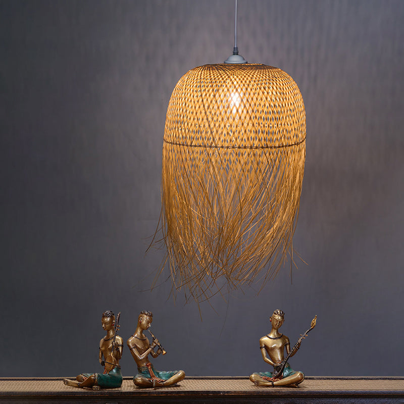 Bamboo Fringed Bell Ceiling Light Asian Style 1������Bulb Wood Hanging Lighting Fixture Clearhalo 'Ceiling Lights' 'Pendant Lights' 'Pendants' Lighting' 2247964