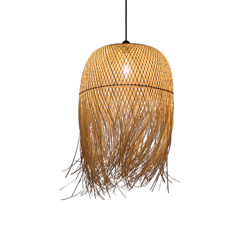 Bamboo Fringed Bell Ceiling Light Asian Style 1������Bulb Wood Hanging Lighting Fixture Clearhalo 'Ceiling Lights' 'Pendant Lights' 'Pendants' Lighting' 2247965