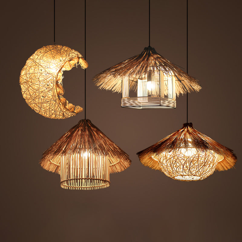 Rattan Shaded Ceiling Light Asian Style 1������Bulb Wood Hanging Lighting Fixture for Restaurant Clearhalo 'Ceiling Lights' 'Pendant Lights' 'Pendants' Lighting' 2248041