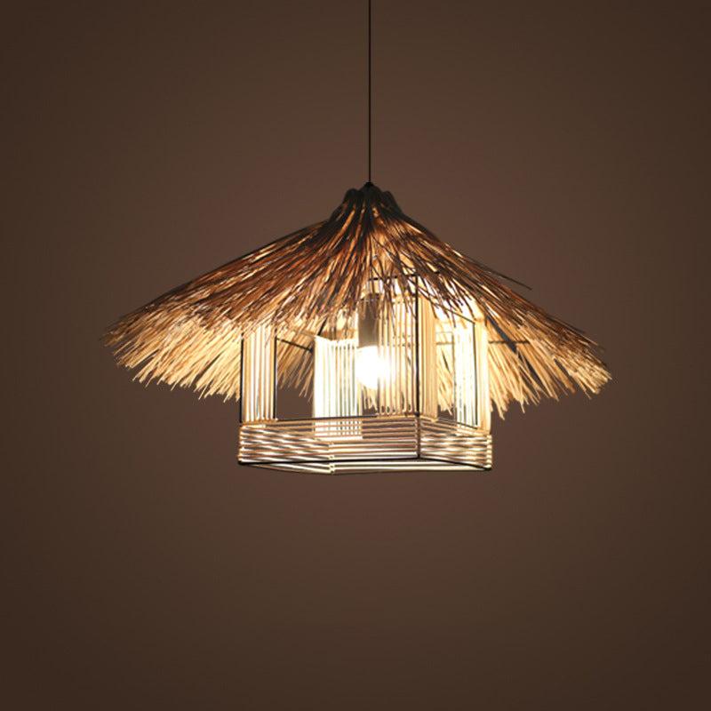 Rattan Shaded Ceiling Light Asian Style 1������Bulb Wood Hanging Lighting Fixture for Restaurant Clearhalo 'Ceiling Lights' 'Pendant Lights' 'Pendants' Lighting' 2248043