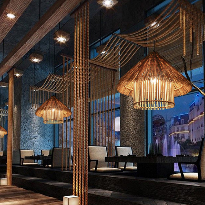 Rattan Shaded Ceiling Light Asian Style 1������Bulb Wood Hanging Lighting Fixture for Restaurant Clearhalo 'Ceiling Lights' 'Pendant Lights' 'Pendants' Lighting' 2248046